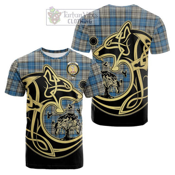 Napier Ancient Tartan Cotton T-shirt with Family Crest Celtic Wolf Style