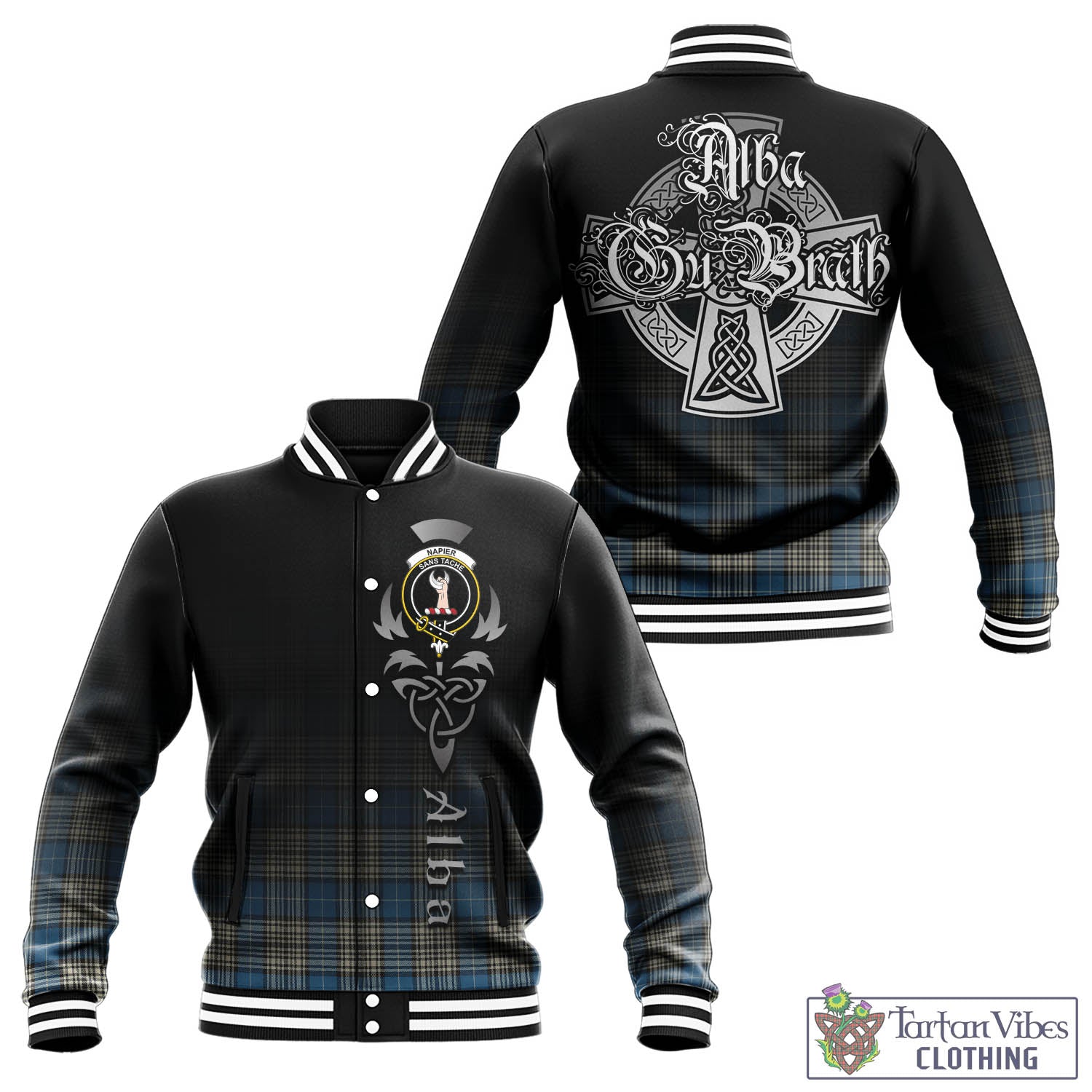 Tartan Vibes Clothing Napier Ancient Tartan Baseball Jacket Featuring Alba Gu Brath Family Crest Celtic Inspired