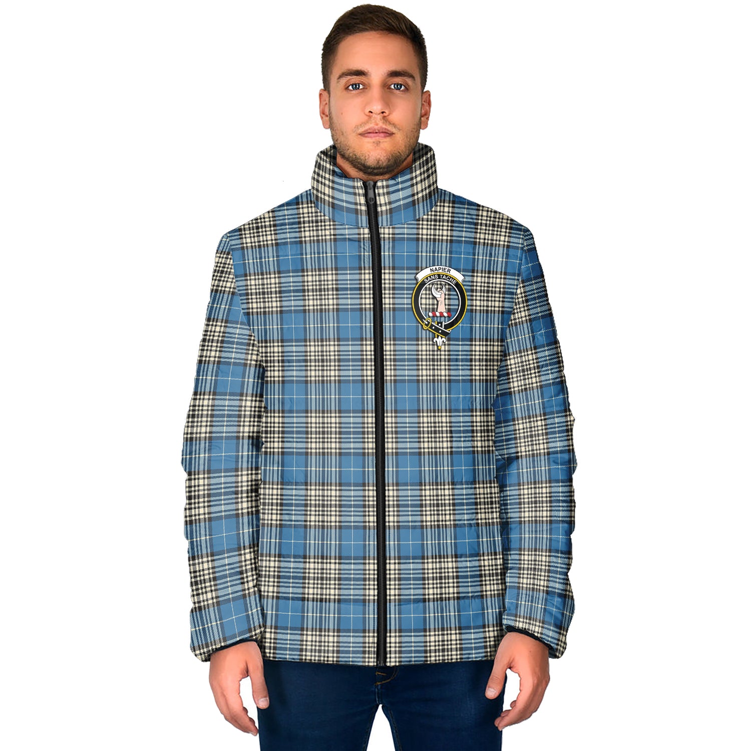 Napier Ancient Tartan Padded Jacket with Family Crest - Tartan Vibes Clothing