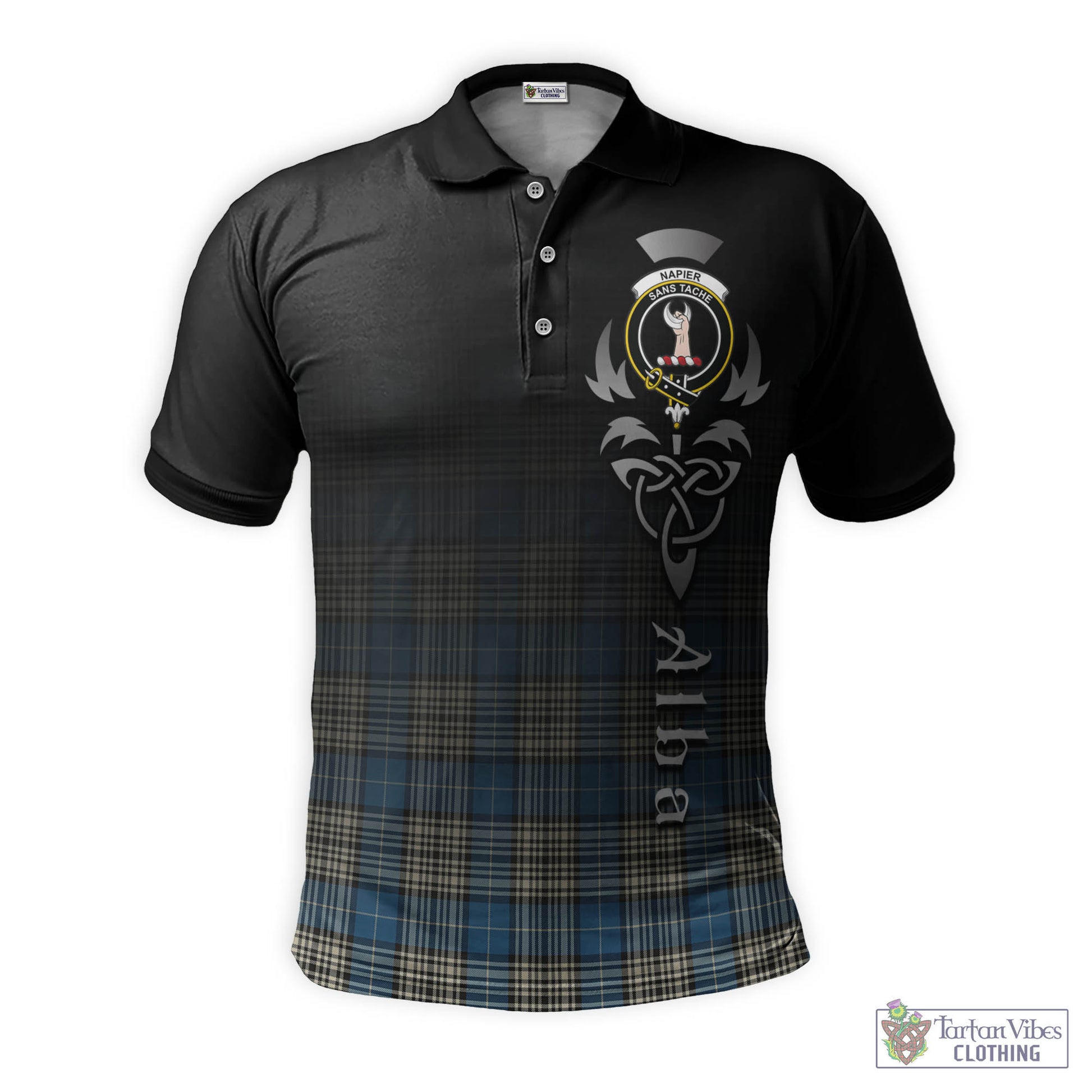 Tartan Vibes Clothing Napier Ancient Tartan Polo Shirt Featuring Alba Gu Brath Family Crest Celtic Inspired