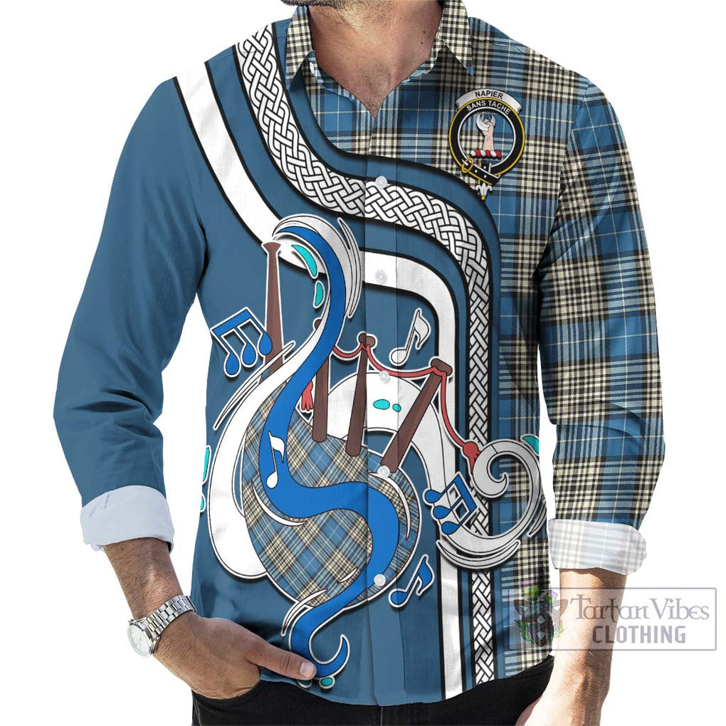 Napier Ancient Tartan Long Sleeve Button Shirt with Epic Bagpipe Style - Tartanvibesclothing Shop