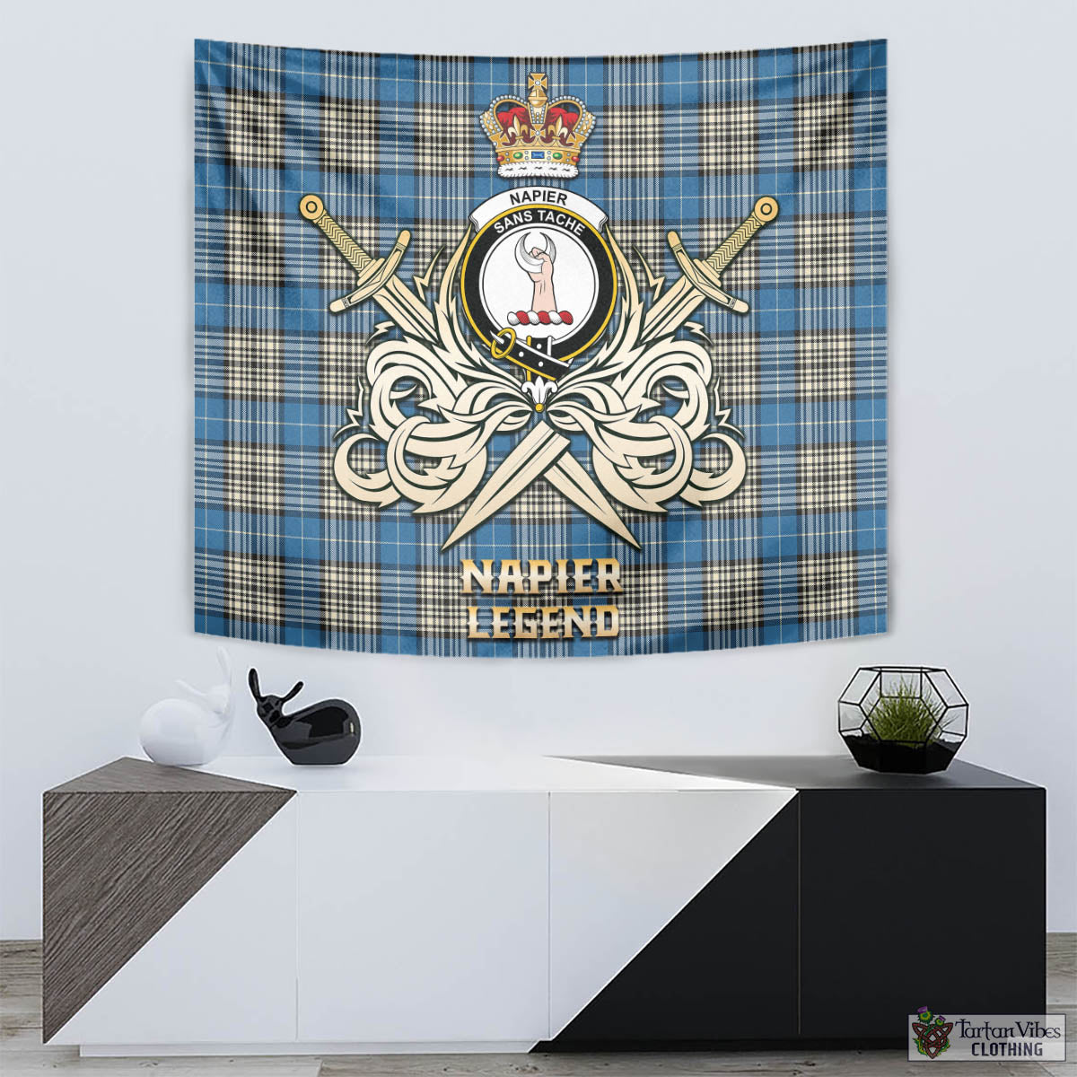 Tartan Vibes Clothing Napier Ancient Tartan Tapestry with Clan Crest and the Golden Sword of Courageous Legacy