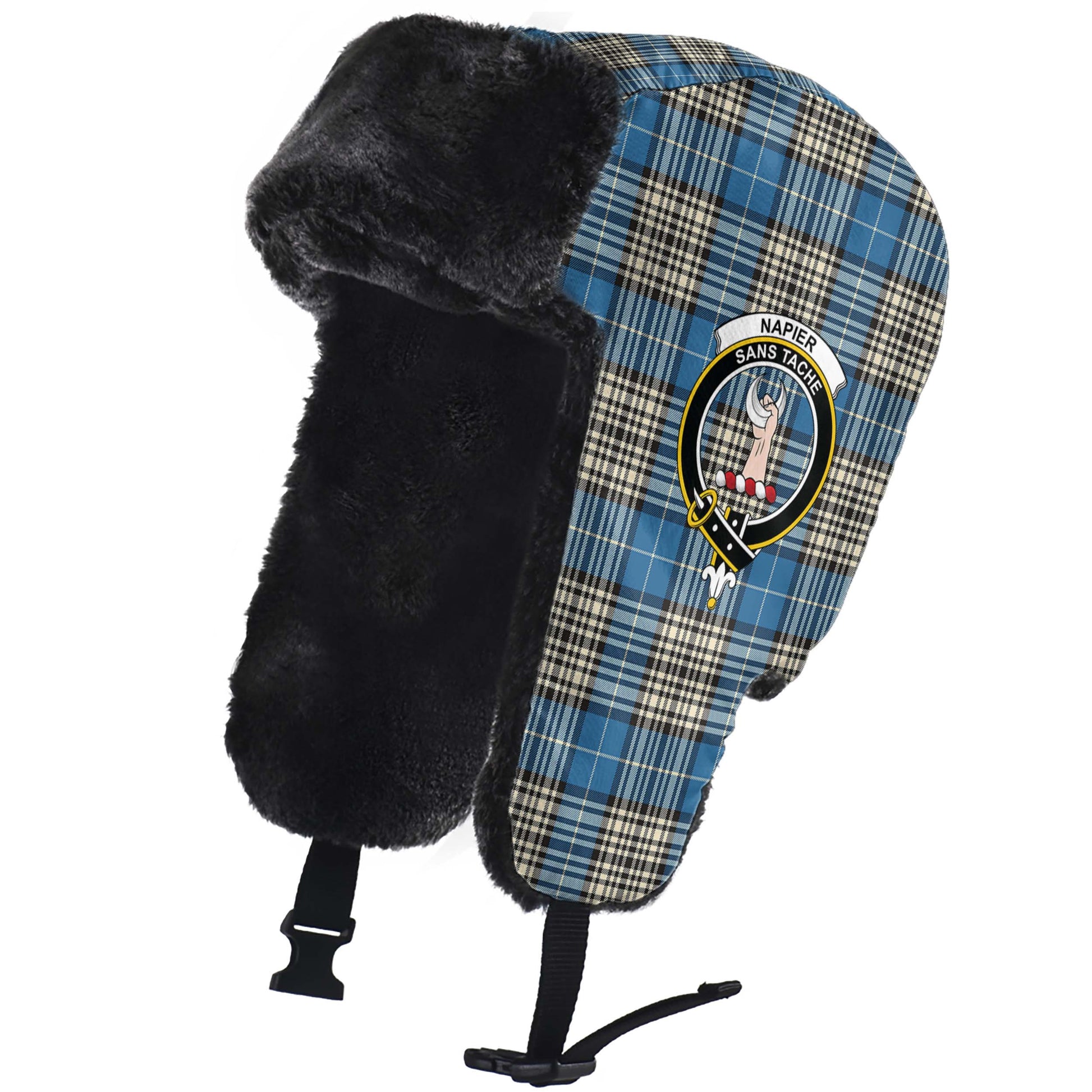 Napier Ancient Tartan Winter Trapper Hat with Family Crest - Tartanvibesclothing