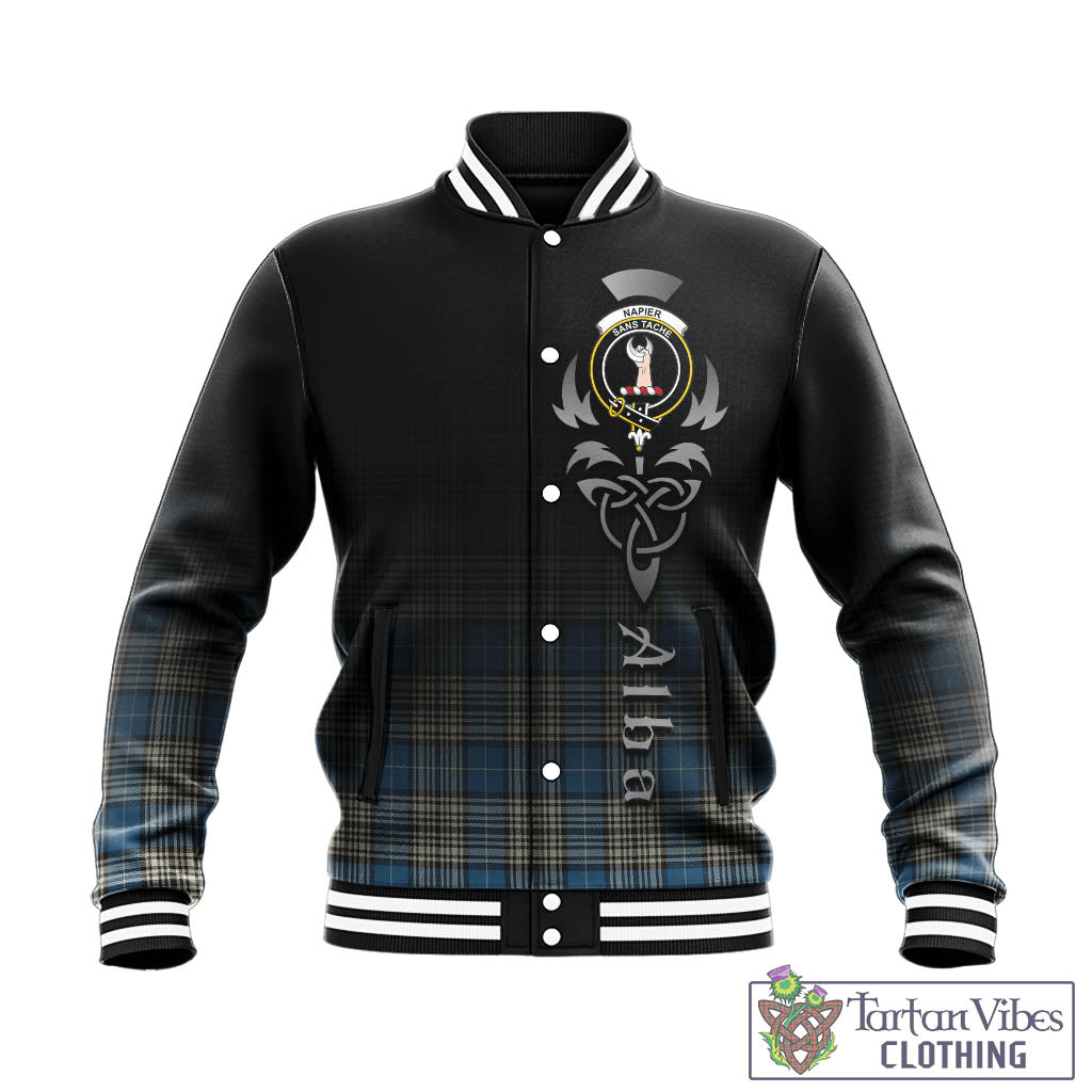 Tartan Vibes Clothing Napier Ancient Tartan Baseball Jacket Featuring Alba Gu Brath Family Crest Celtic Inspired