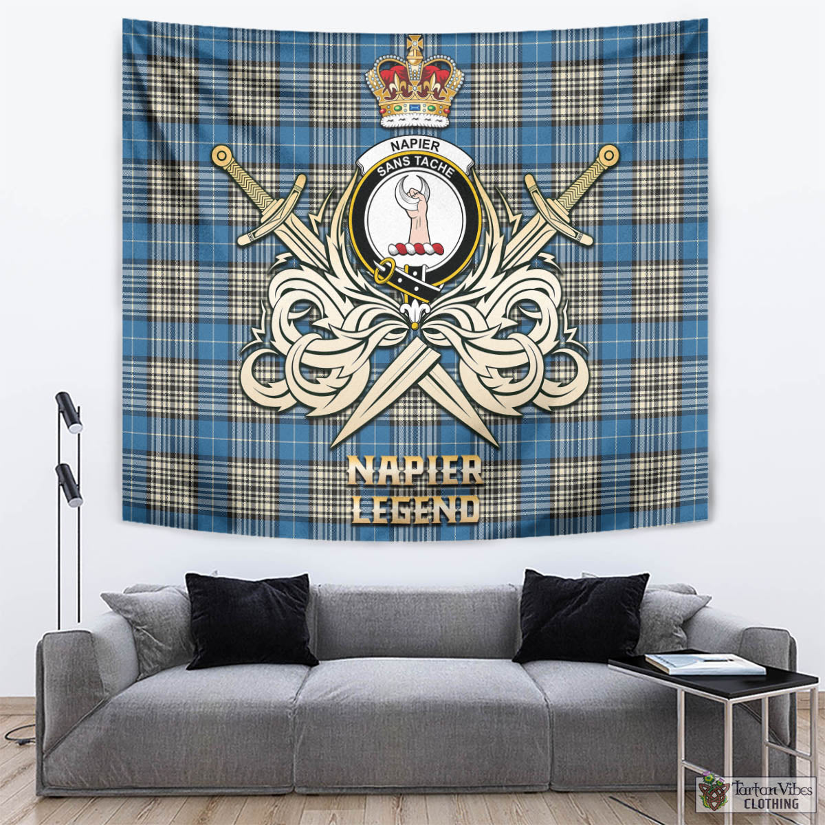 Tartan Vibes Clothing Napier Ancient Tartan Tapestry with Clan Crest and the Golden Sword of Courageous Legacy