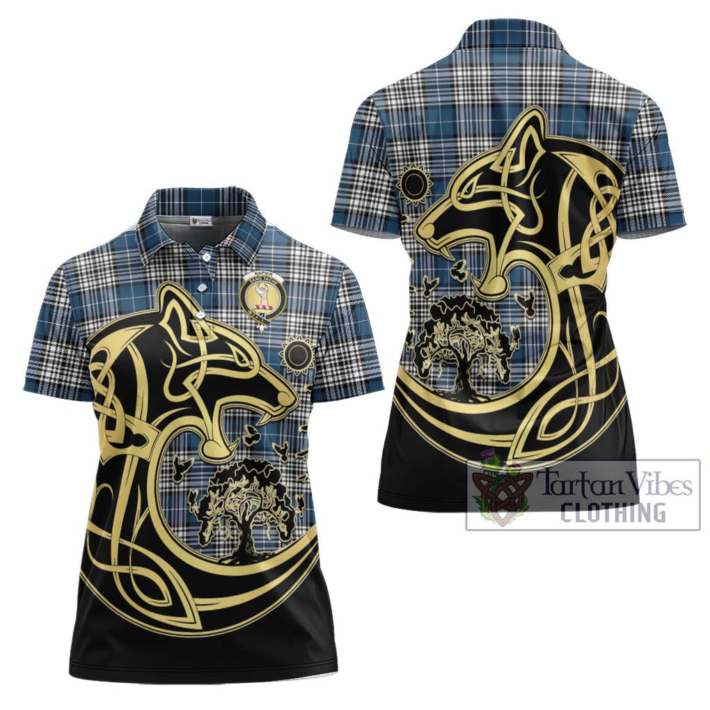 Napier Modern Tartan Women's Polo Shirt with Family Crest Celtic Wolf Style Women - Tartanvibesclothing Shop