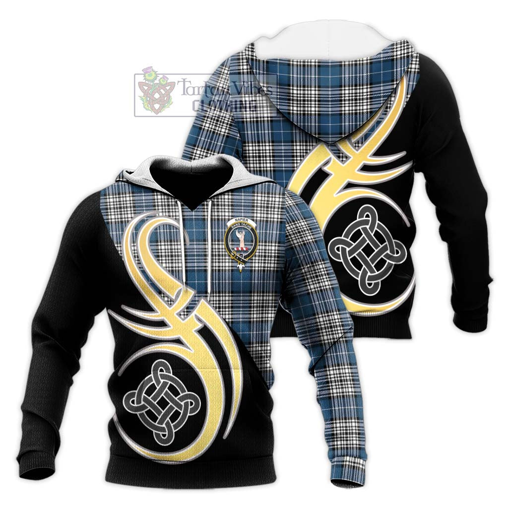 Tartan Vibes Clothing Napier Modern Tartan Knitted Hoodie with Family Crest and Celtic Symbol Style