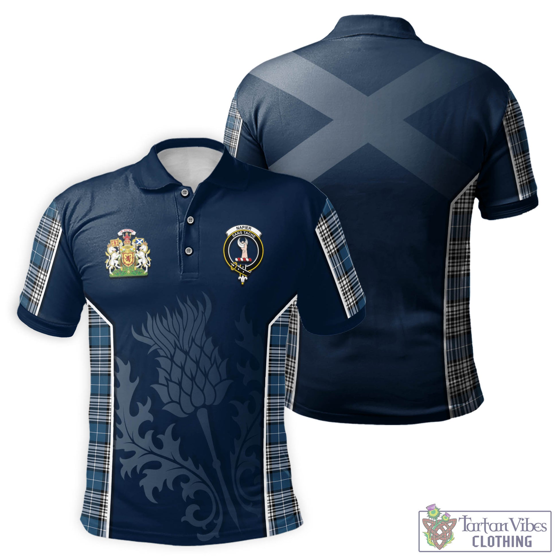 Tartan Vibes Clothing Napier Modern Tartan Men's Polo Shirt with Family Crest and Scottish Thistle Vibes Sport Style