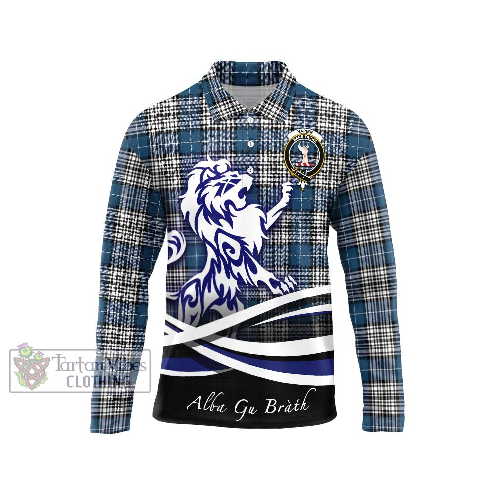 Napier Modern Tartan Long Sleeve Polo Shirt with Alba Gu Brath Regal Lion Emblem Unisex - Tartanvibesclothing Shop