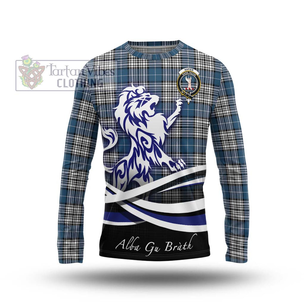 Napier Modern Tartan Long Sleeve T-Shirt with Alba Gu Brath Regal Lion Emblem Unisex - Tartanvibesclothing Shop