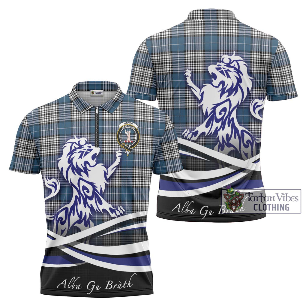 Napier Modern Tartan Zipper Polo Shirt with Alba Gu Brath Regal Lion Emblem Unisex - Tartanvibesclothing Shop