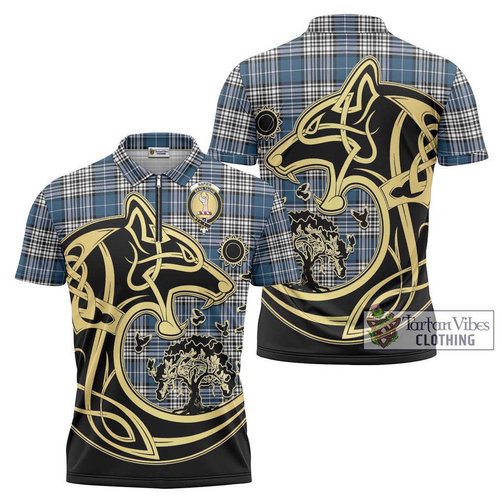 Napier Modern Tartan Zipper Polo Shirt with Family Crest Celtic Wolf Style Unisex - Tartanvibesclothing Shop