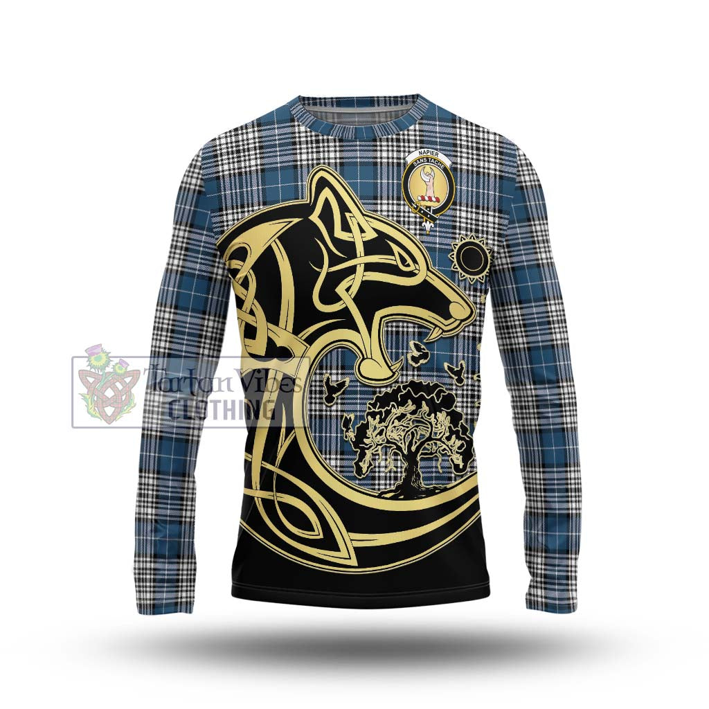 Tartan Vibes Clothing Napier Modern Tartan Long Sleeve T-Shirt with Family Crest Celtic Wolf Style