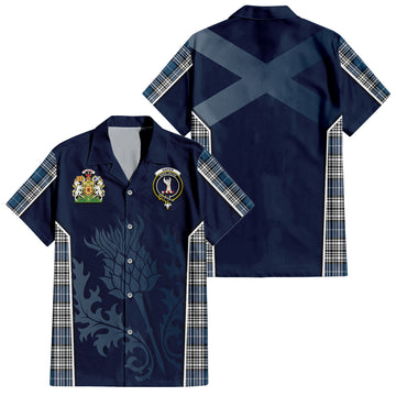 Napier Modern Tartan Short Sleeve Button Up Shirt with Family Crest and Scottish Thistle Vibes Sport Style
