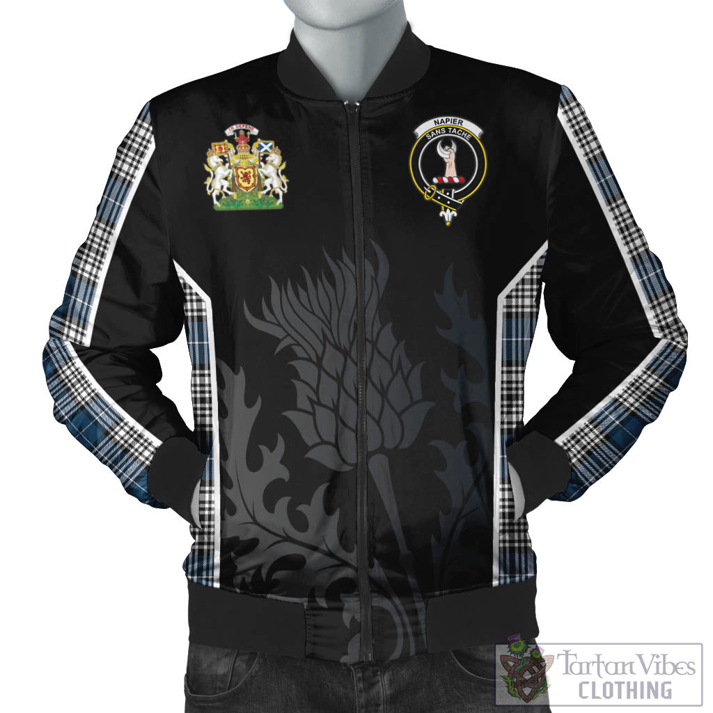 Tartan Vibes Clothing Napier Modern Tartan Bomber Jacket with Family Crest and Scottish Thistle Vibes Sport Style