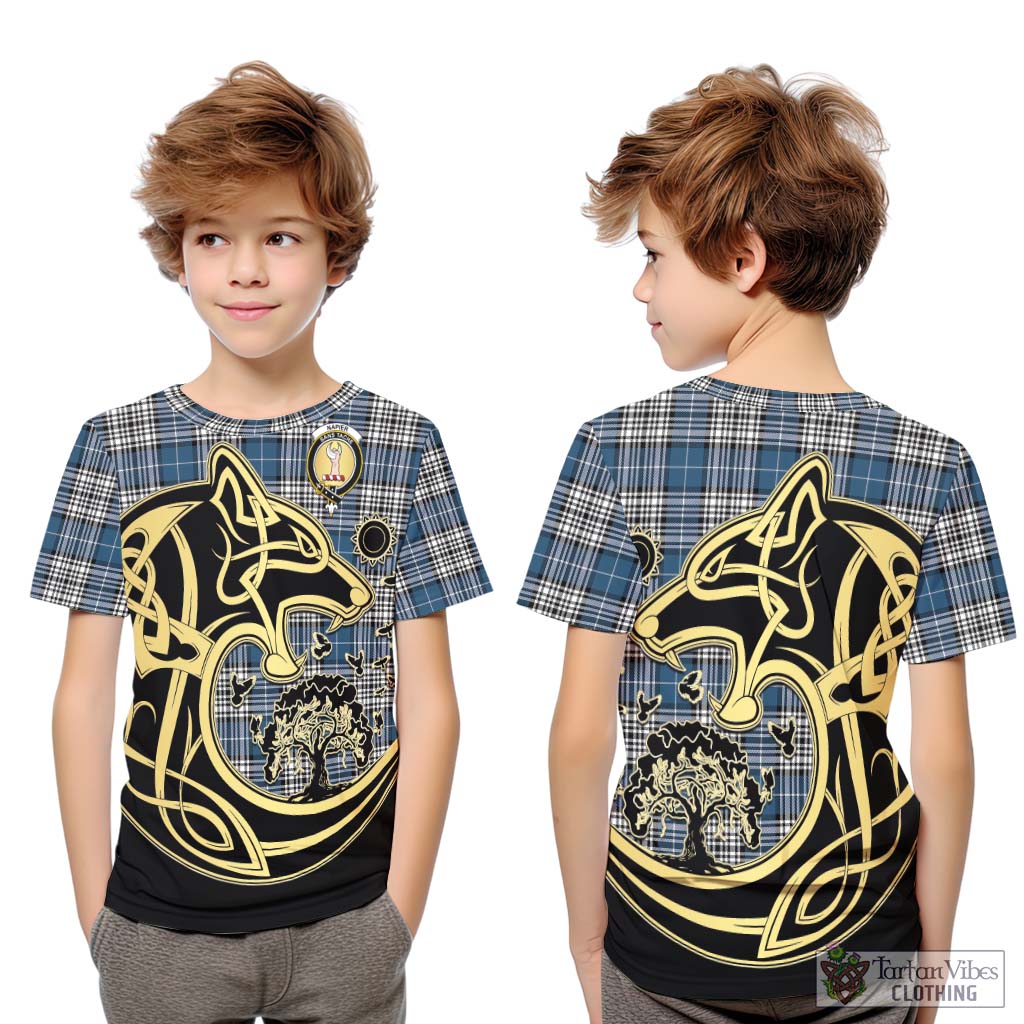 Tartan Vibes Clothing Napier Modern Tartan Kid T-Shirt with Family Crest Celtic Wolf Style