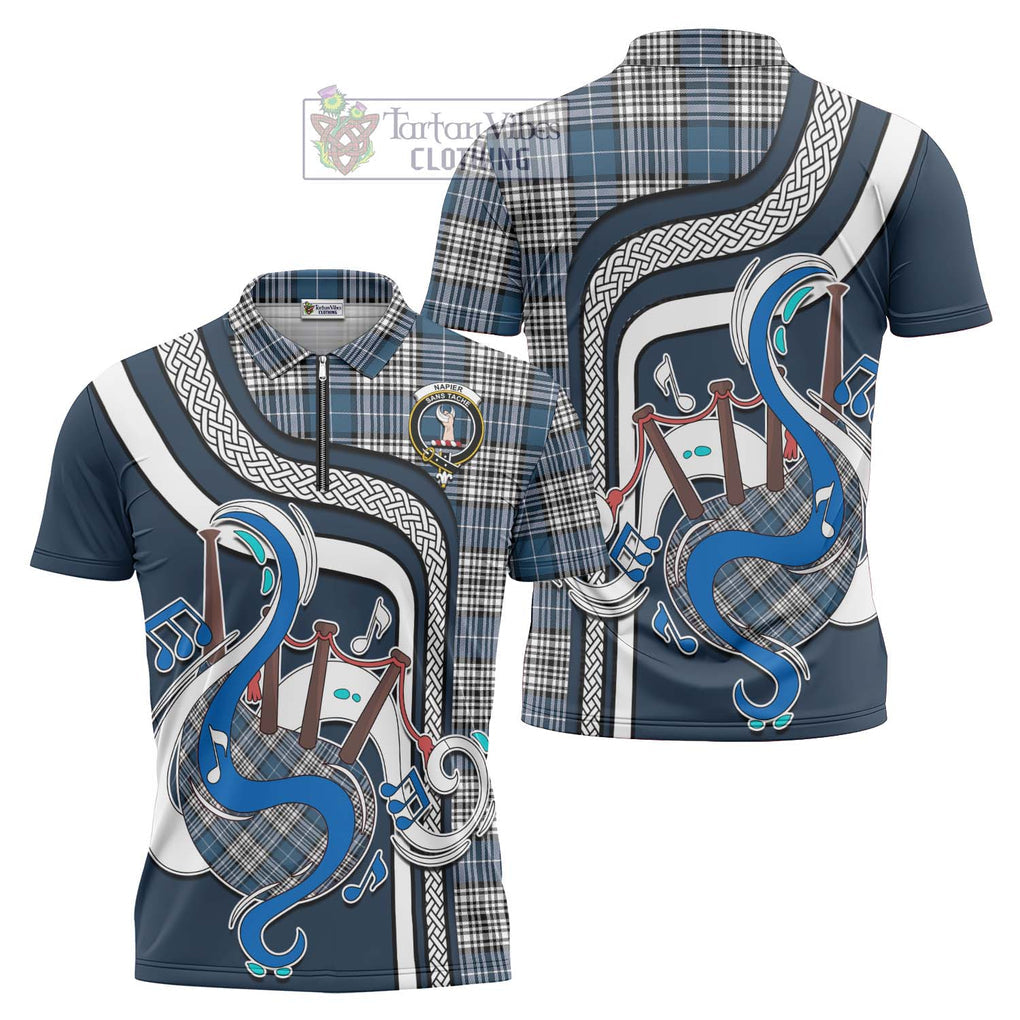 Napier Modern Tartan Zipper Polo Shirt with Epic Bagpipe Style Unisex - Tartanvibesclothing Shop