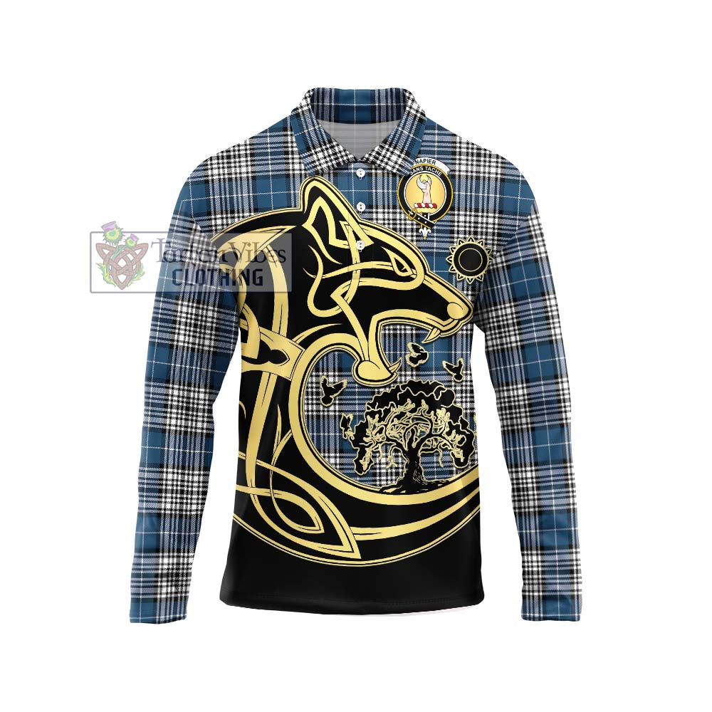 Tartan Vibes Clothing Napier Modern Tartan Long Sleeve Polo Shirt with Family Crest Celtic Wolf Style