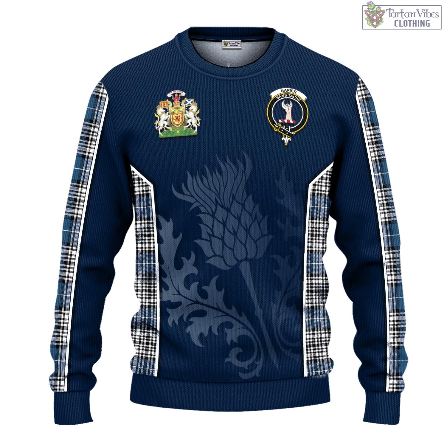 Tartan Vibes Clothing Napier Modern Tartan Knitted Sweatshirt with Family Crest and Scottish Thistle Vibes Sport Style