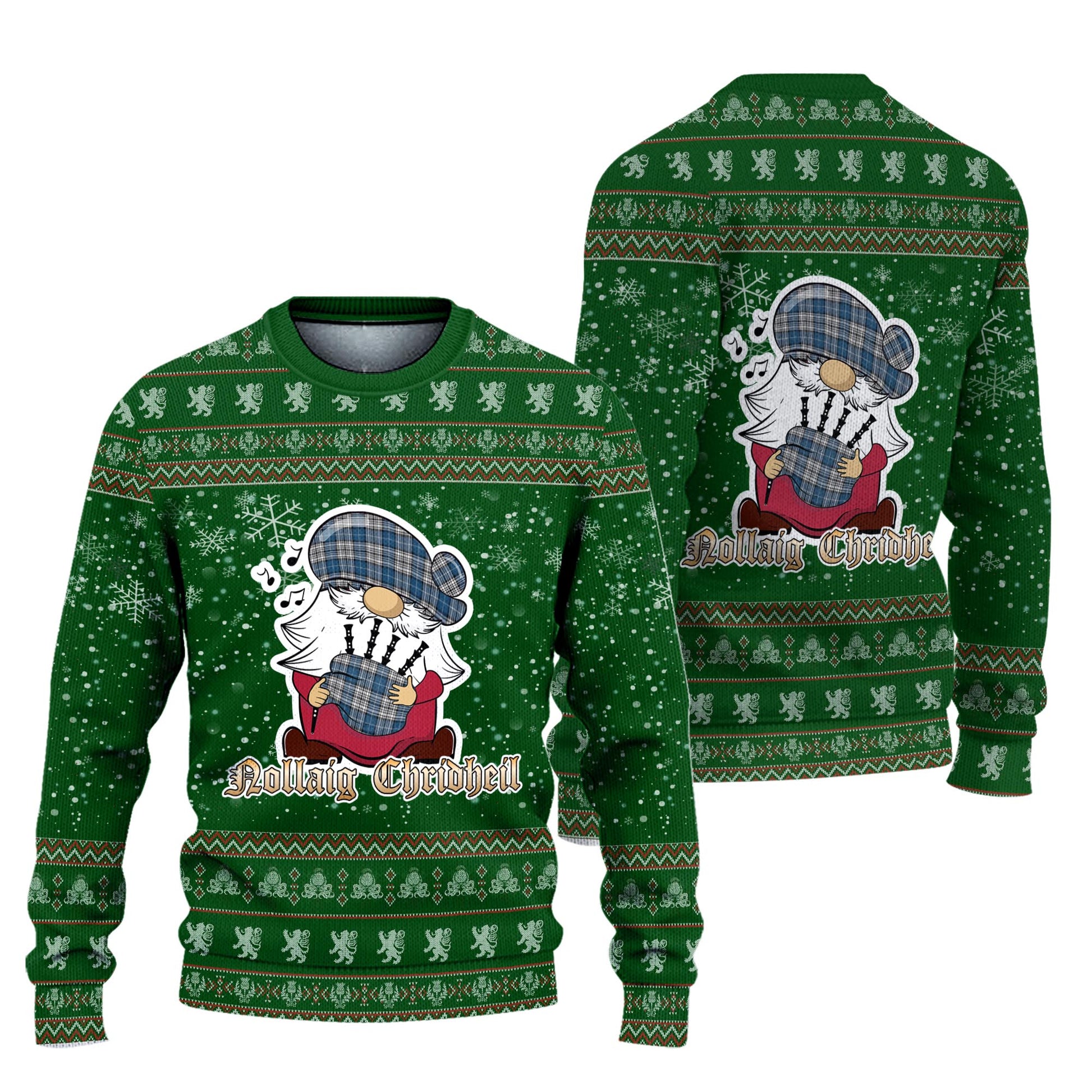 Napier Modern Clan Christmas Family Knitted Sweater with Funny Gnome Playing Bagpipes Unisex Green - Tartanvibesclothing