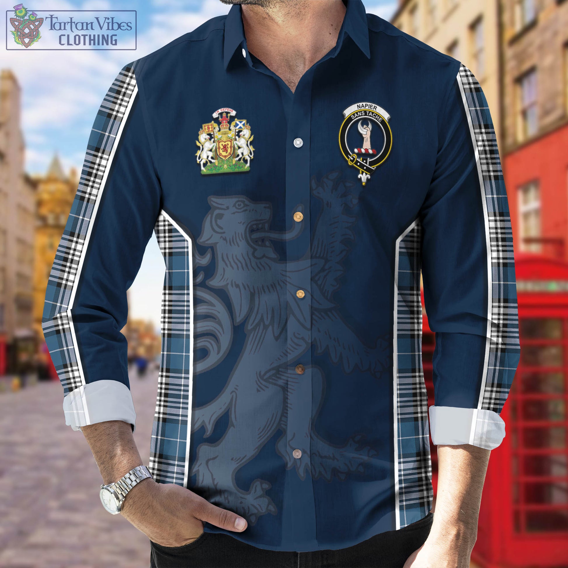 Napier Modern Tartan Long Sleeve Button Up Shirt with Family Crest and Lion Rampant Vibes Sport Style