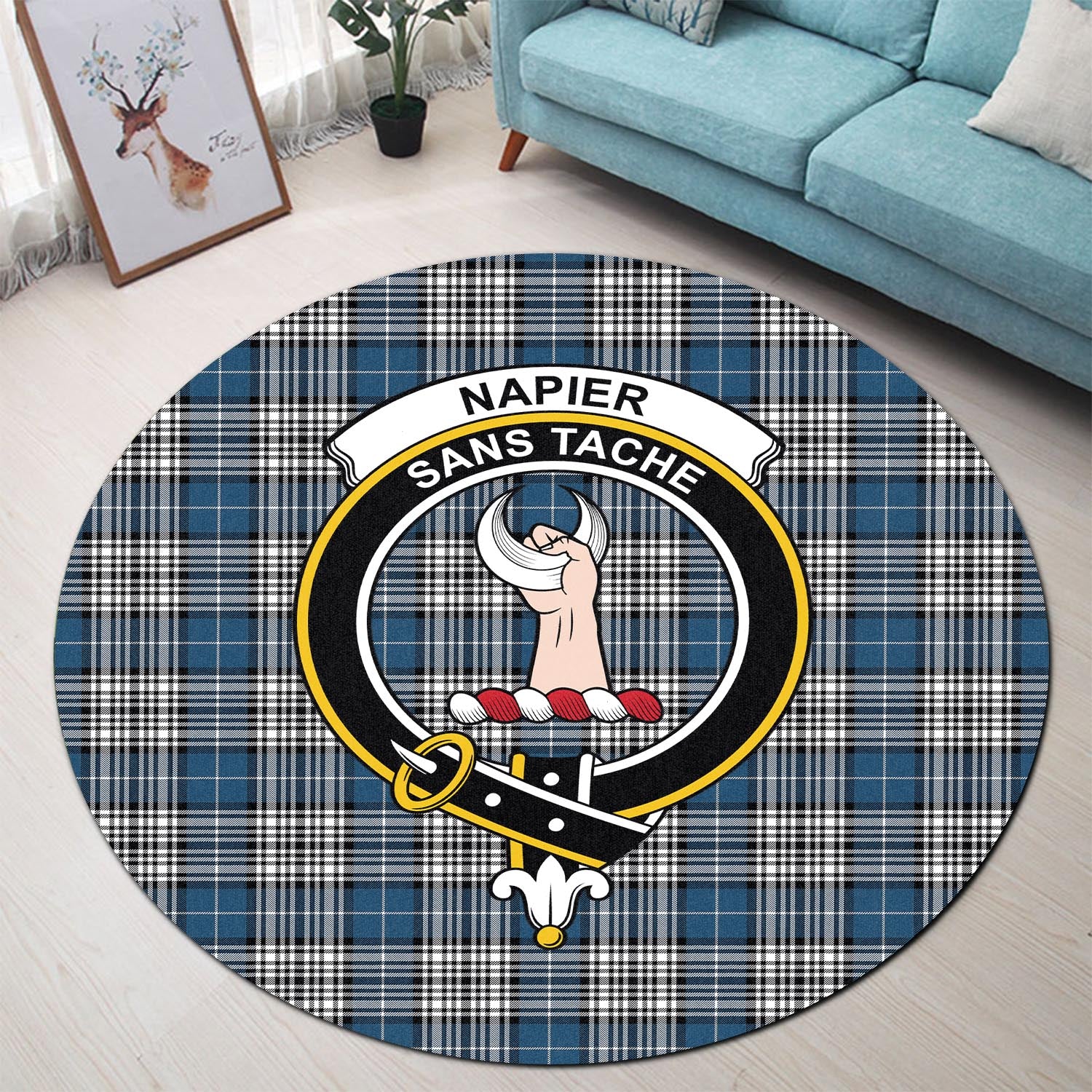 napier-modern-tartan-round-rug-with-family-crest