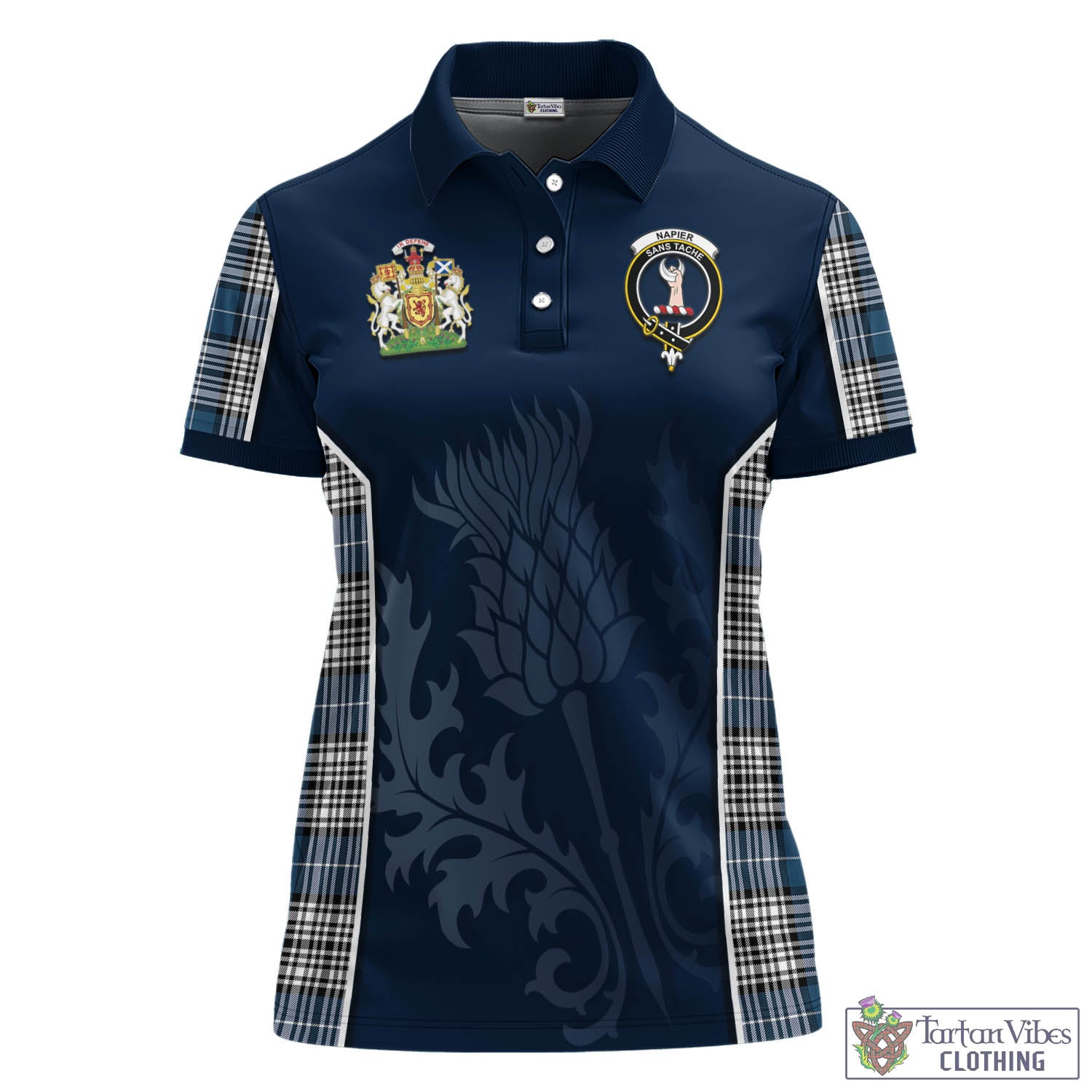 Tartan Vibes Clothing Napier Modern Tartan Women's Polo Shirt with Family Crest and Scottish Thistle Vibes Sport Style