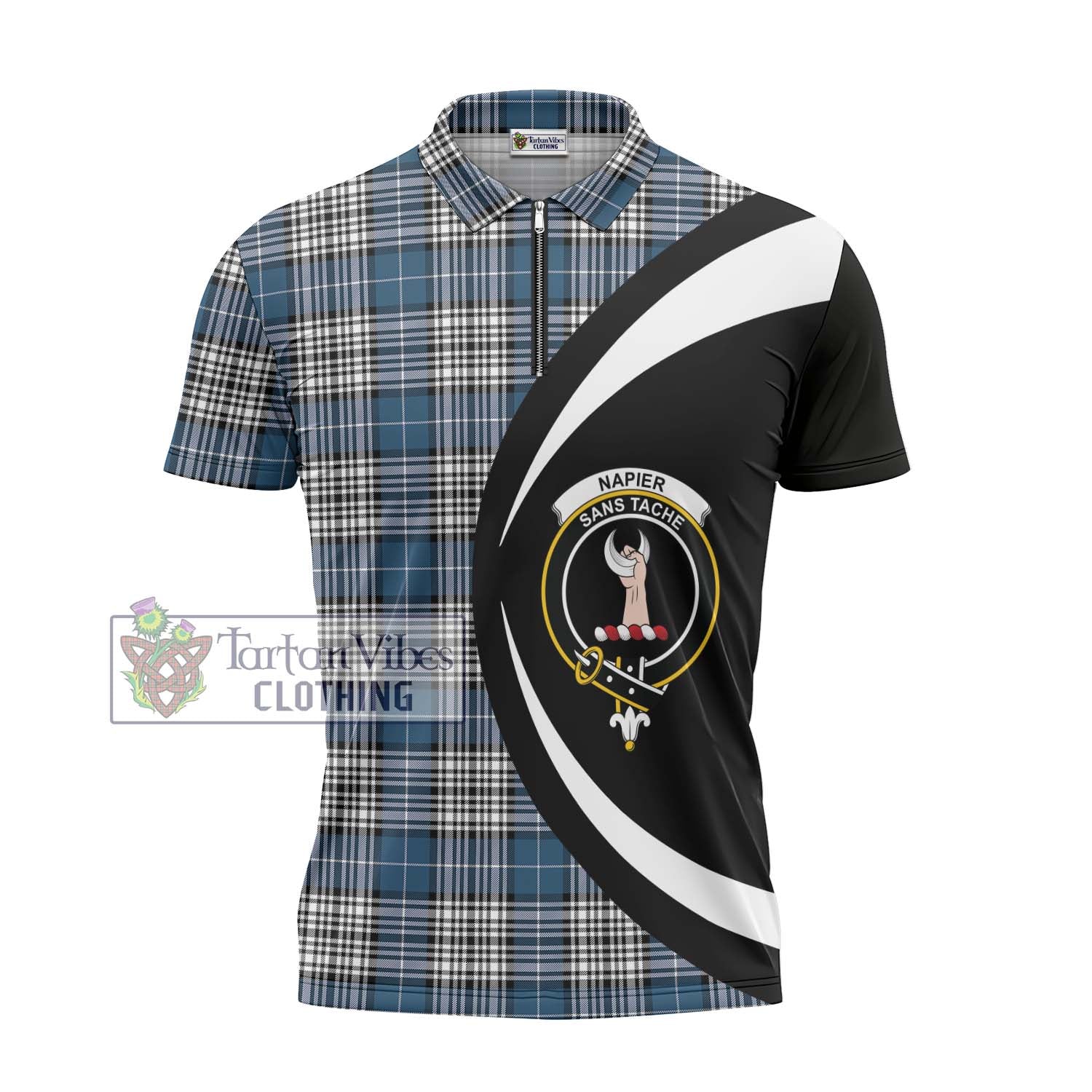 Tartan Vibes Clothing Napier Modern Tartan Zipper Polo Shirt with Family Crest Circle Style