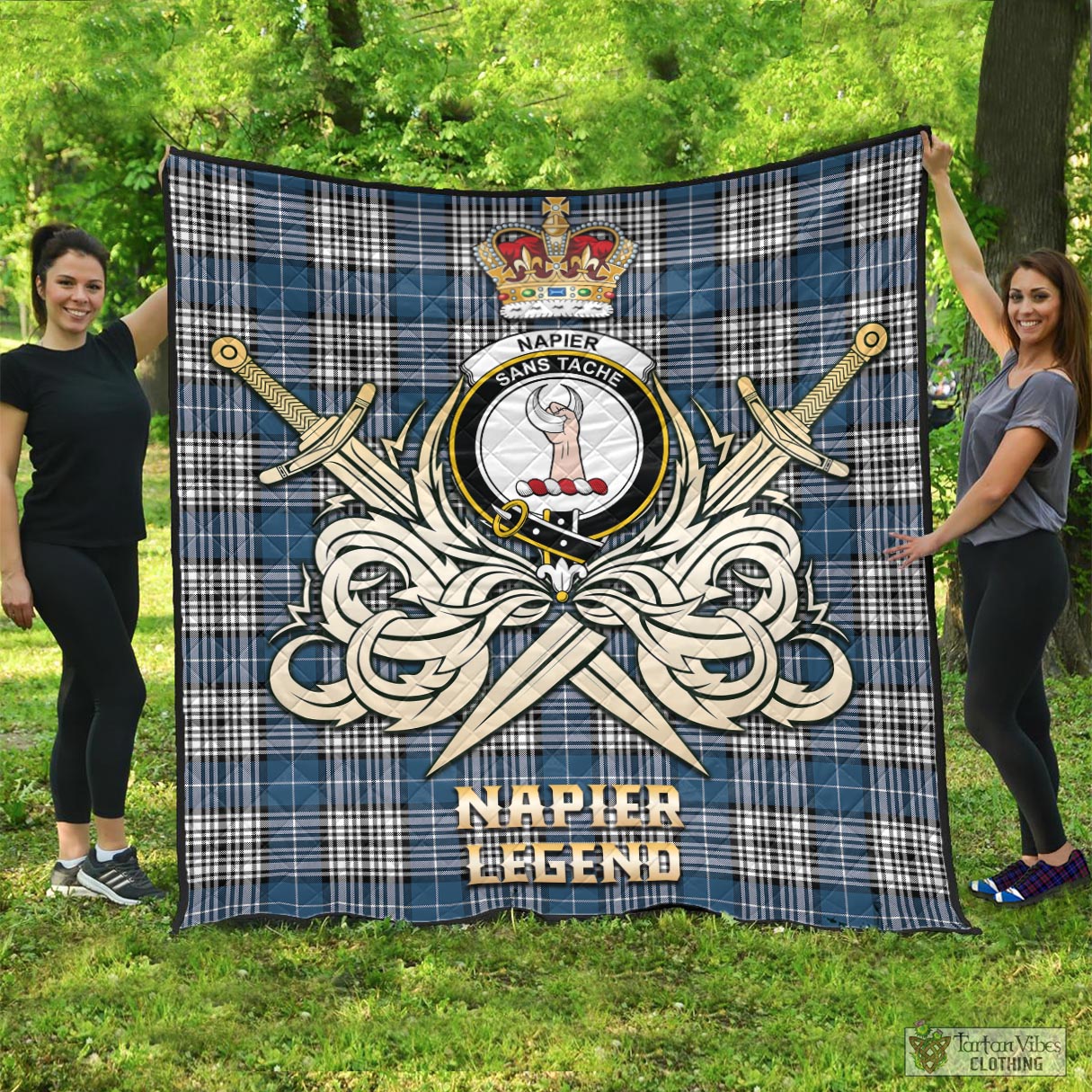 Tartan Vibes Clothing Napier Modern Tartan Quilt with Clan Crest and the Golden Sword of Courageous Legacy