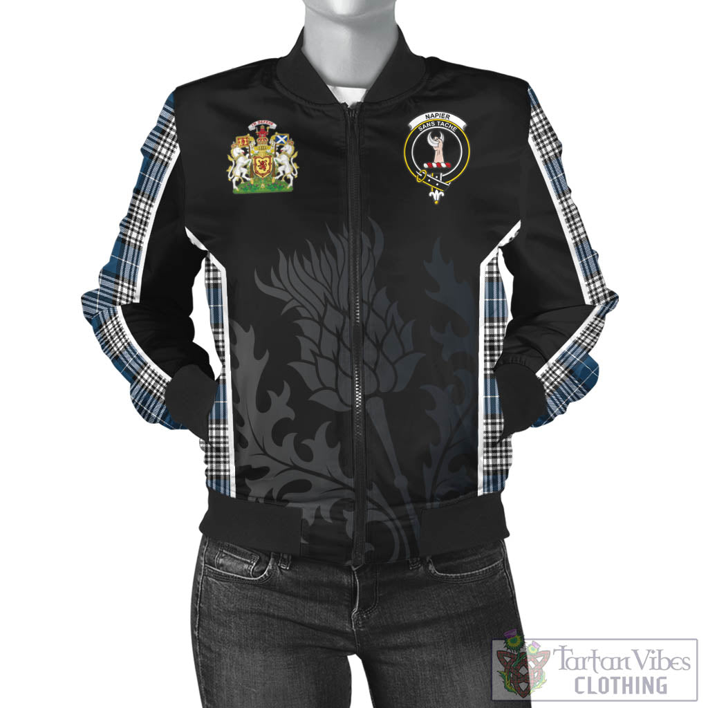 Tartan Vibes Clothing Napier Modern Tartan Bomber Jacket with Family Crest and Scottish Thistle Vibes Sport Style