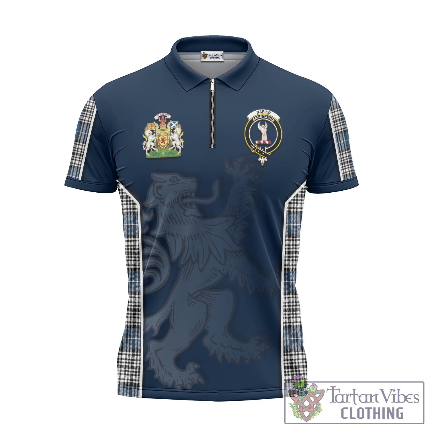 Tartan Vibes Clothing Napier Modern Tartan Zipper Polo Shirt with Family Crest and Lion Rampant Vibes Sport Style