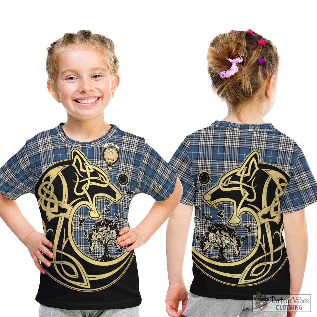 Tartan Vibes Clothing Napier Modern Tartan Kid T-Shirt with Family Crest Celtic Wolf Style