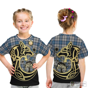 Napier Modern Tartan Kid T-Shirt with Family Crest Celtic Wolf Style