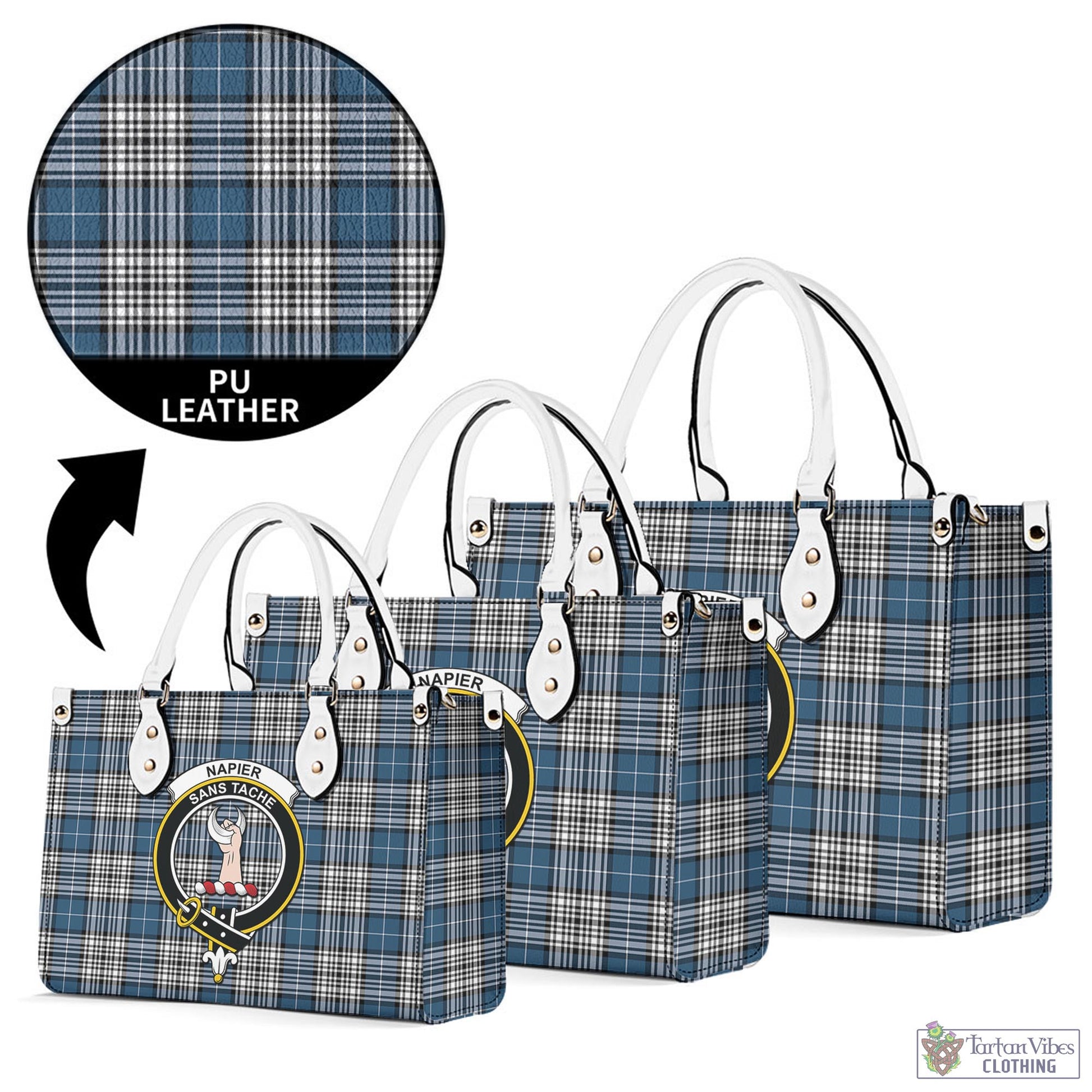 Tartan Vibes Clothing Napier Modern Tartan Luxury Leather Handbags with Family Crest