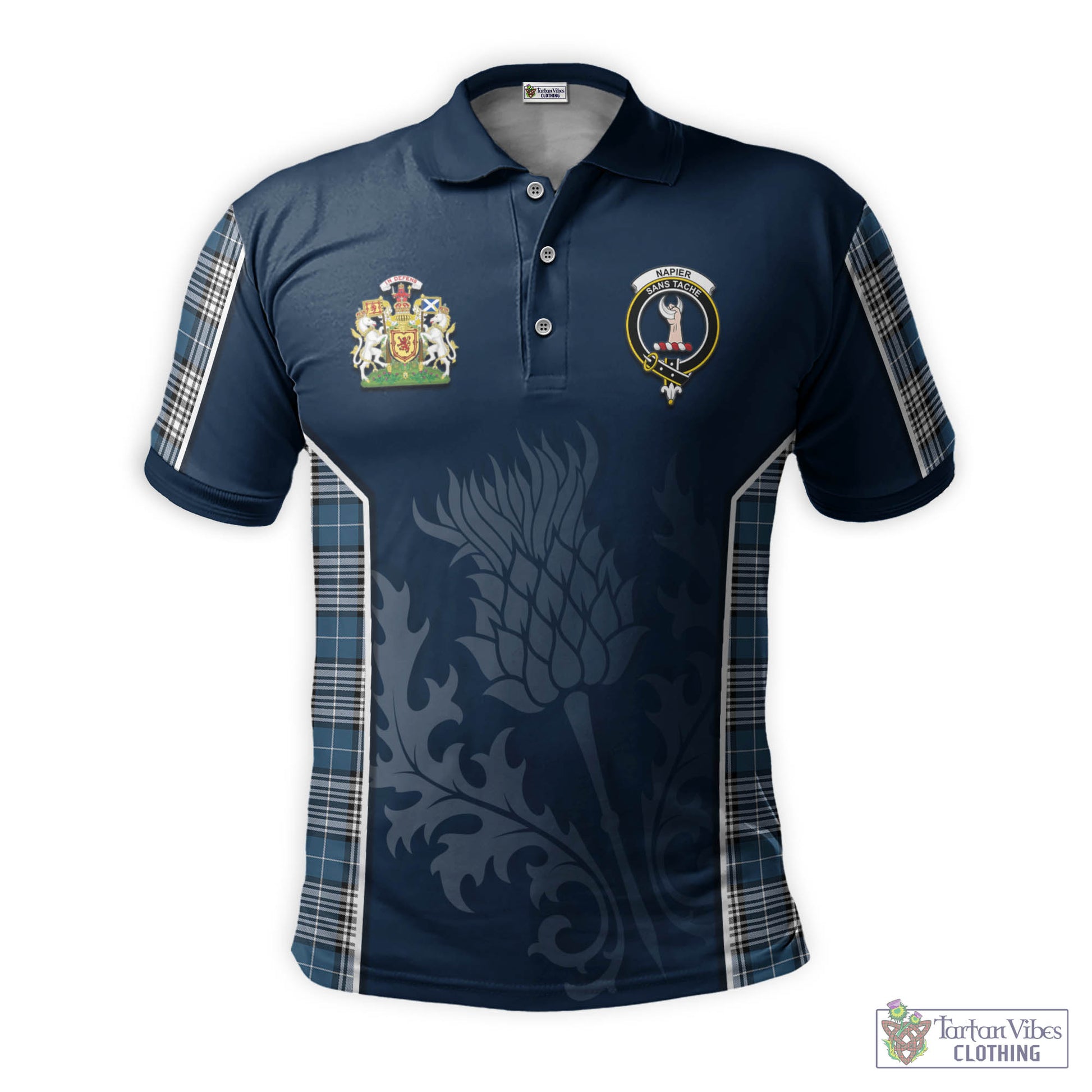 Tartan Vibes Clothing Napier Modern Tartan Men's Polo Shirt with Family Crest and Scottish Thistle Vibes Sport Style