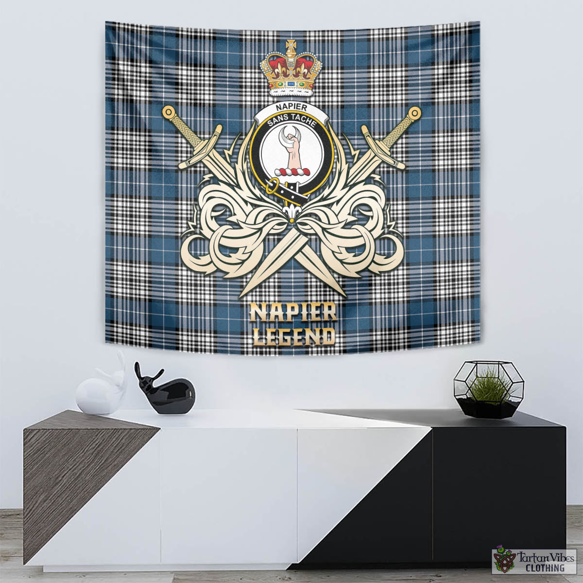 Tartan Vibes Clothing Napier Modern Tartan Tapestry with Clan Crest and the Golden Sword of Courageous Legacy