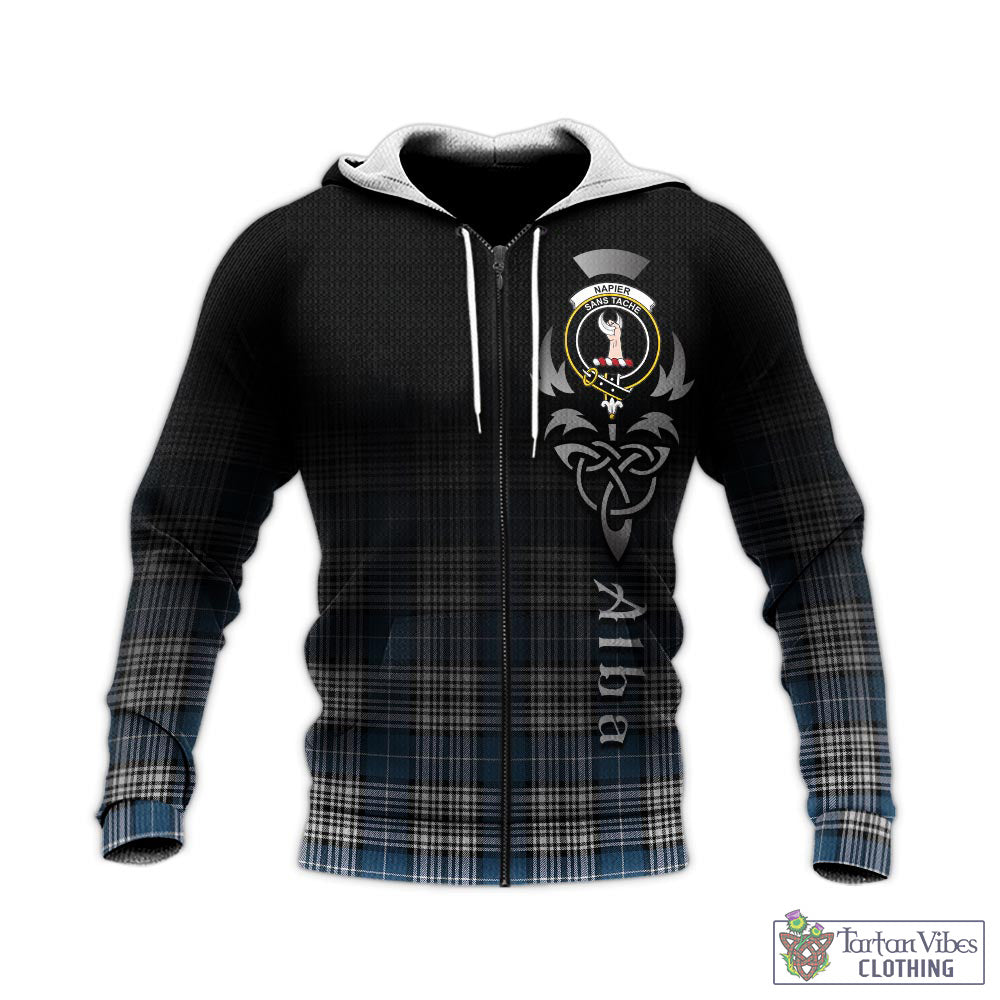 Tartan Vibes Clothing Napier Modern Tartan Knitted Hoodie Featuring Alba Gu Brath Family Crest Celtic Inspired