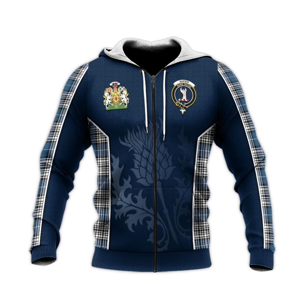 Tartan Vibes Clothing Napier Modern Tartan Knitted Hoodie with Family Crest and Scottish Thistle Vibes Sport Style