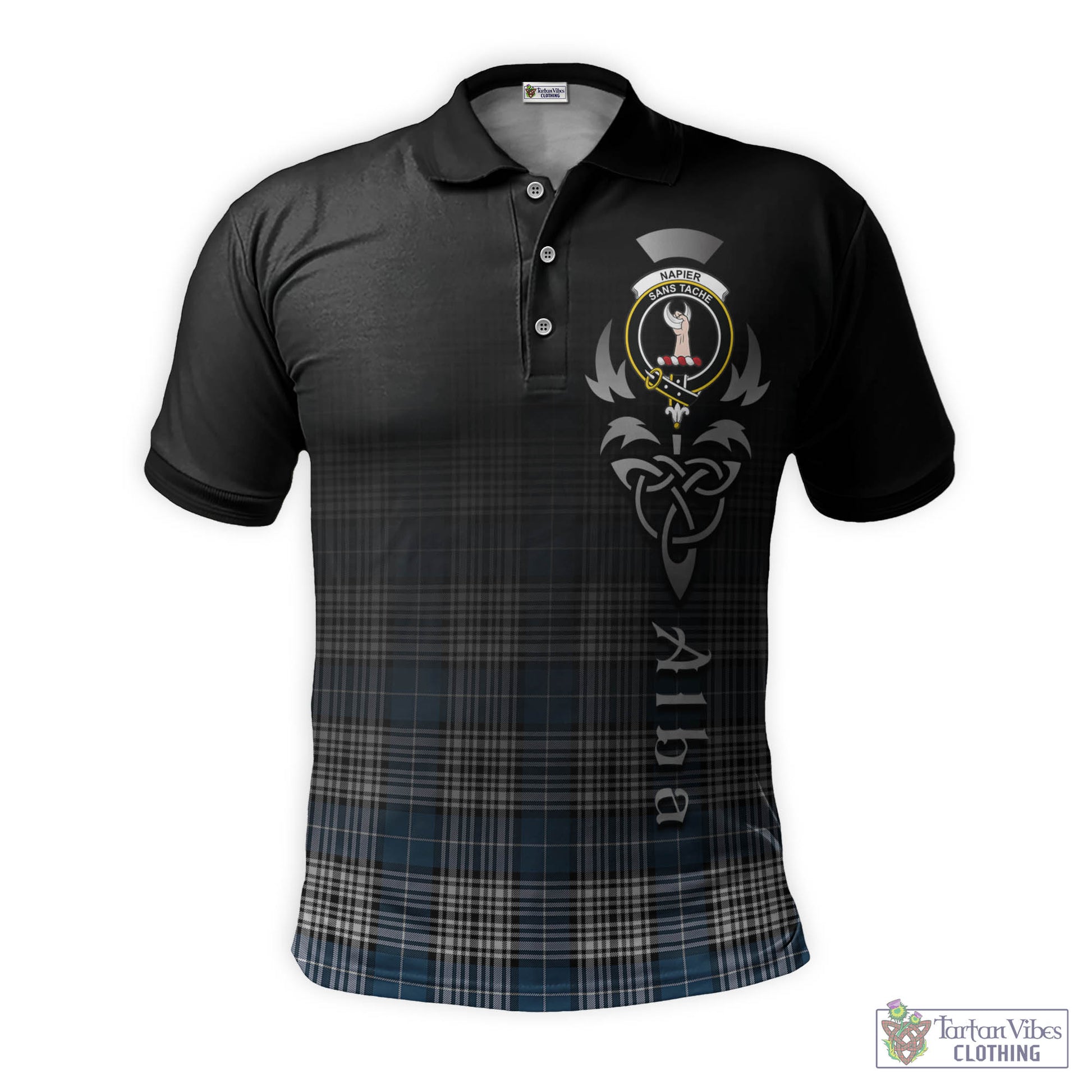 Tartan Vibes Clothing Napier Modern Tartan Polo Shirt Featuring Alba Gu Brath Family Crest Celtic Inspired
