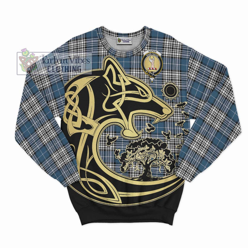 Napier Modern Tartan Sweatshirt with Family Crest Celtic Wolf Style - Tartan Vibes Clothing