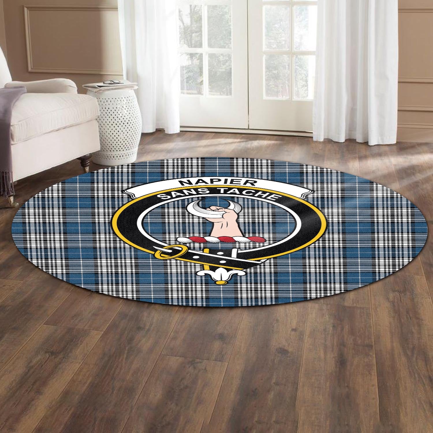 napier-modern-tartan-round-rug-with-family-crest