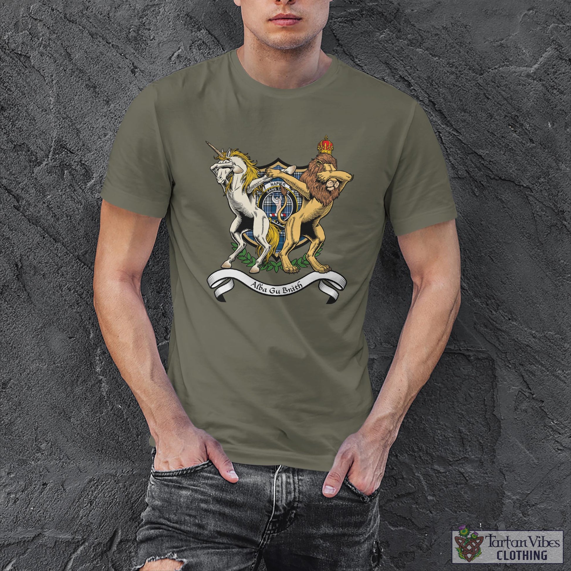 Tartan Vibes Clothing Napier Modern Family Crest Cotton Men's T-Shirt with Scotland Royal Coat Of Arm Funny Style