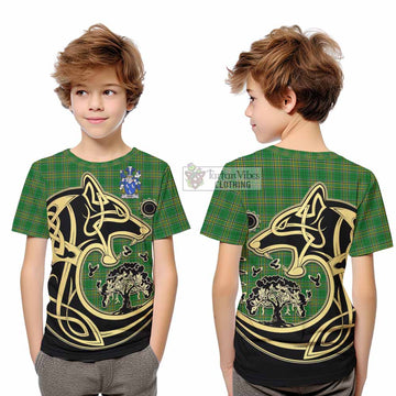 Nash Irish Tartan Kid T-Shirt with Coat of Arms Celtic Wolf Style