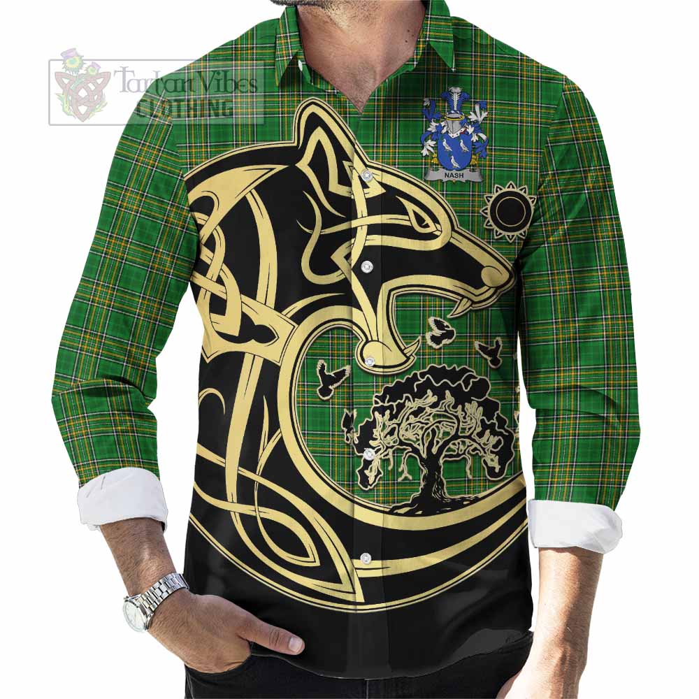 Tartan Vibes Clothing Nash Irish Tartan Long Sleeve Button Shirt with Coat of Arms Celtic Wolf Style