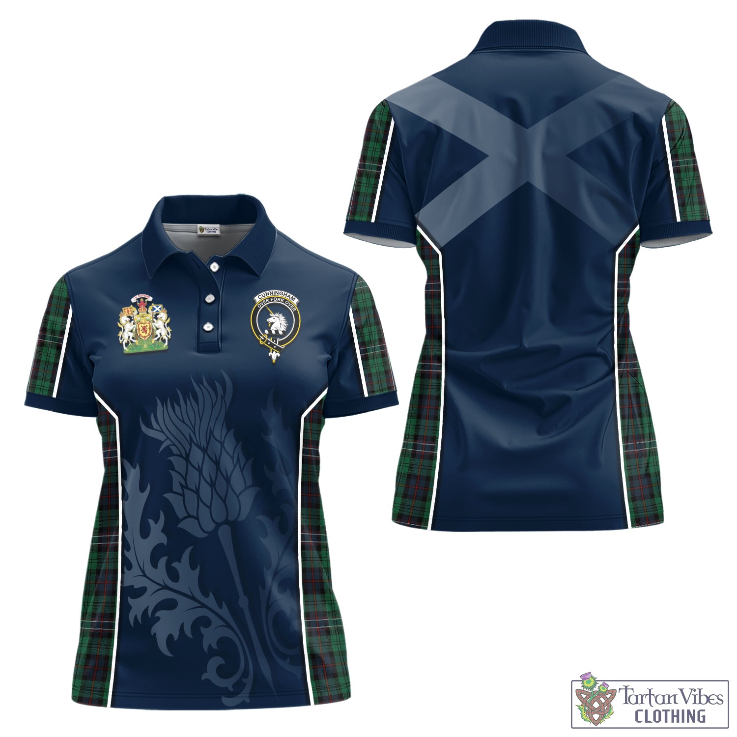 Cunningham Family Crest with Scotland National Tartan Women's Polo Shirt Scottish Thistle Vibes Sport Style - Tartan Vibes Clothing