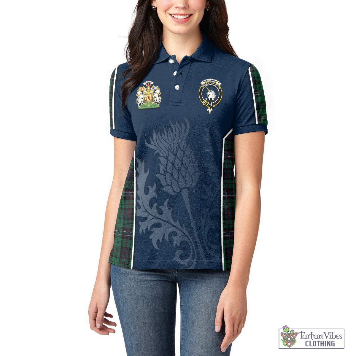 Cunningham Family Crest with Scotland National Tartan Women's Polo Shirt Scottish Thistle Vibes Sport Style Women - Tartan Vibes Clothing