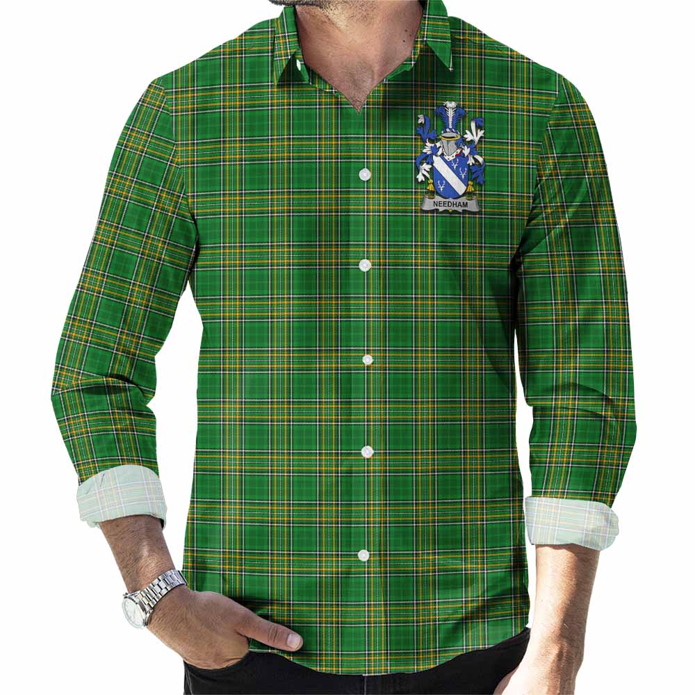 Needham Irish Clan Tartan Long Sleeve Button Up with Coat of Arms Men's Shirt - Tartan Vibes Clothing