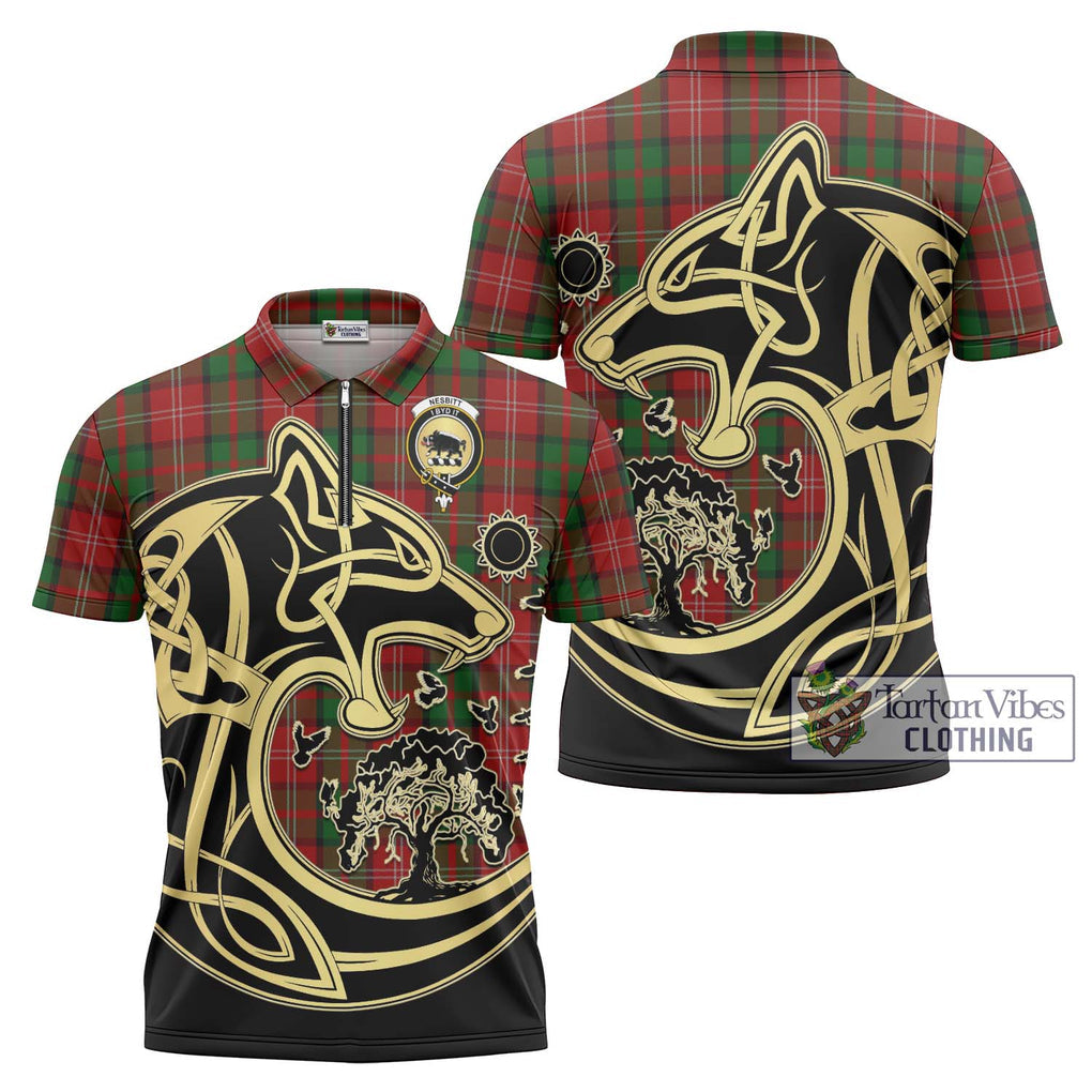 Nesbitt Tartan Zipper Polo Shirt with Family Crest Celtic Wolf Style Unisex - Tartanvibesclothing Shop