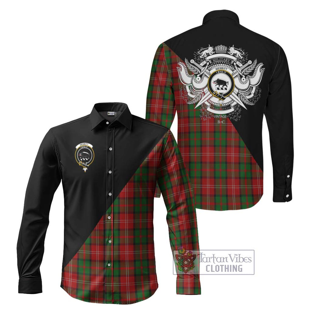 Nesbitt Tartan Long Sleeve Button Shirt with Family Crest and Military Logo Style Men's Shirt S - Tartanvibesclothing Shop