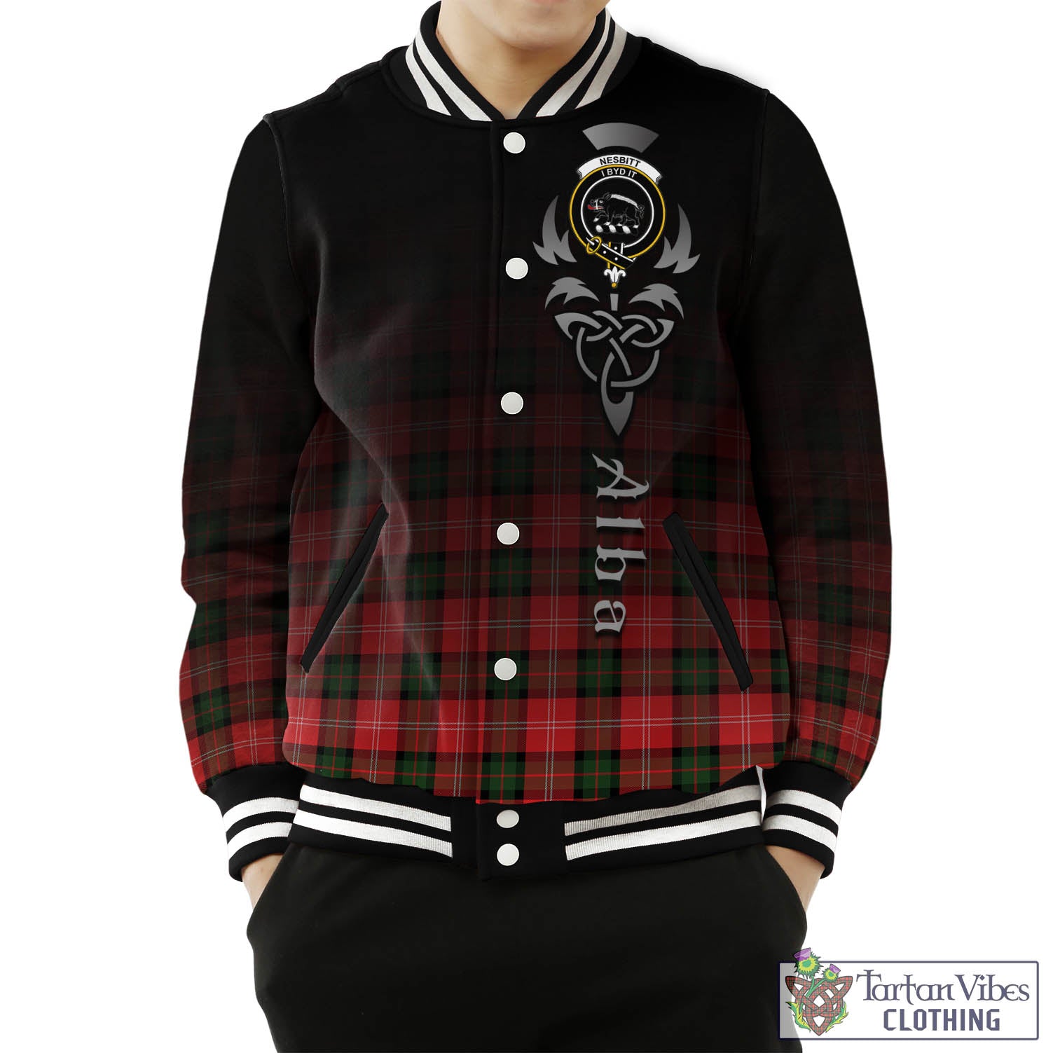 Tartan Vibes Clothing Nesbitt Modern Tartan Baseball Jacket Featuring Alba Gu Brath Family Crest Celtic Inspired